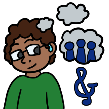 A dark skinned person with dark brown hair and a green shirt is thinking of their system. They have a blue hearing aid and glasses. They have a thought bubble with three simple figures in it, all colored in blue. Beneath the thought bubble is a treblesand (a combination of a treble cleff and an ampersand), colored in blue.